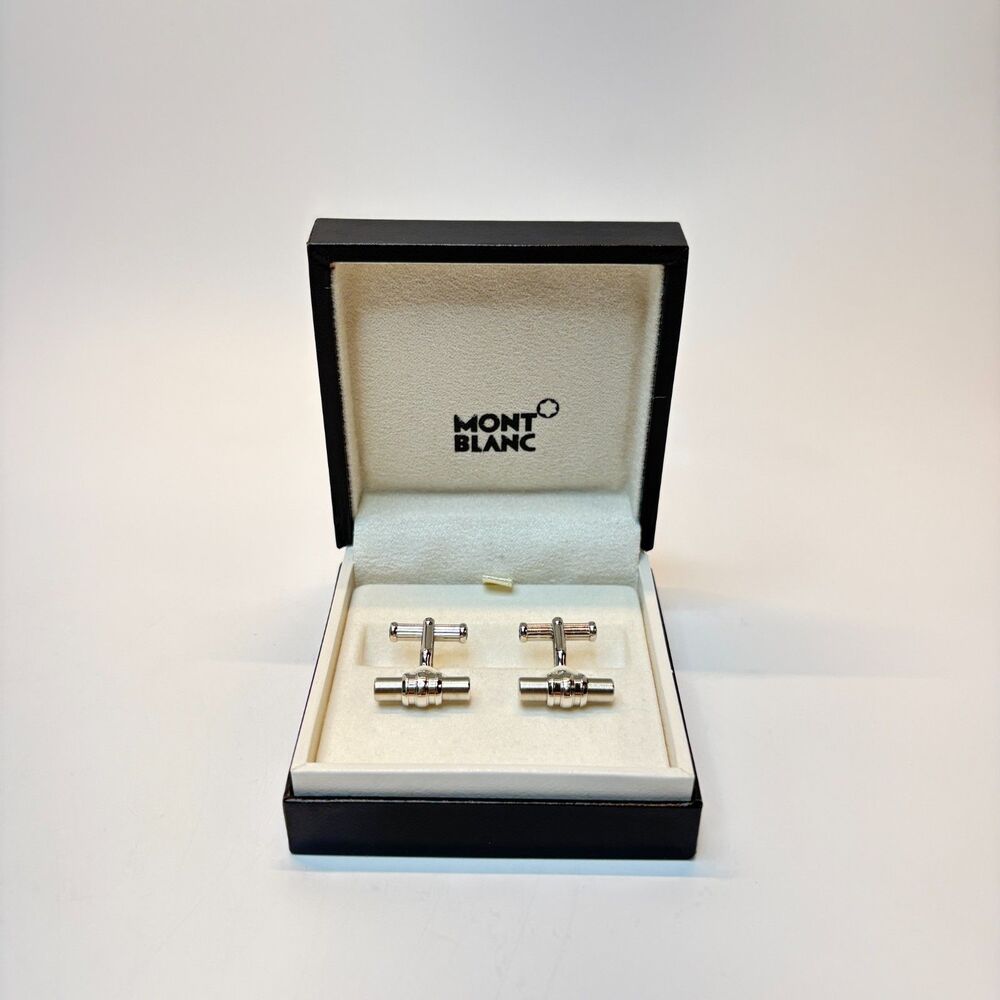 MONTBLANC Mens Bar Style Cufflinks Black White Platinum Signature Logo with Case